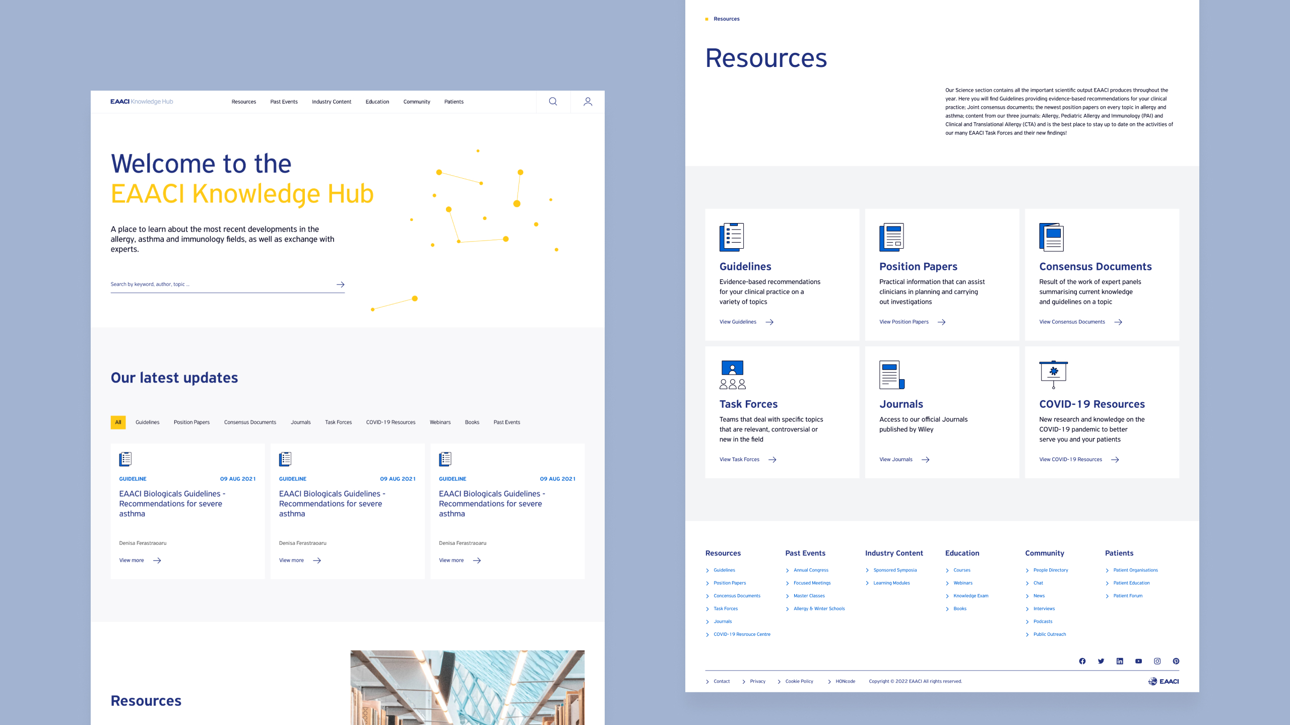 The image shows two screenshots of the EAACI Knowledge Hub. One showing the home page with the latest resources, and one showing the resource overview page with its categories: guidelines, position papers, consensus documents, task forces, journals, and covid-19 resources.