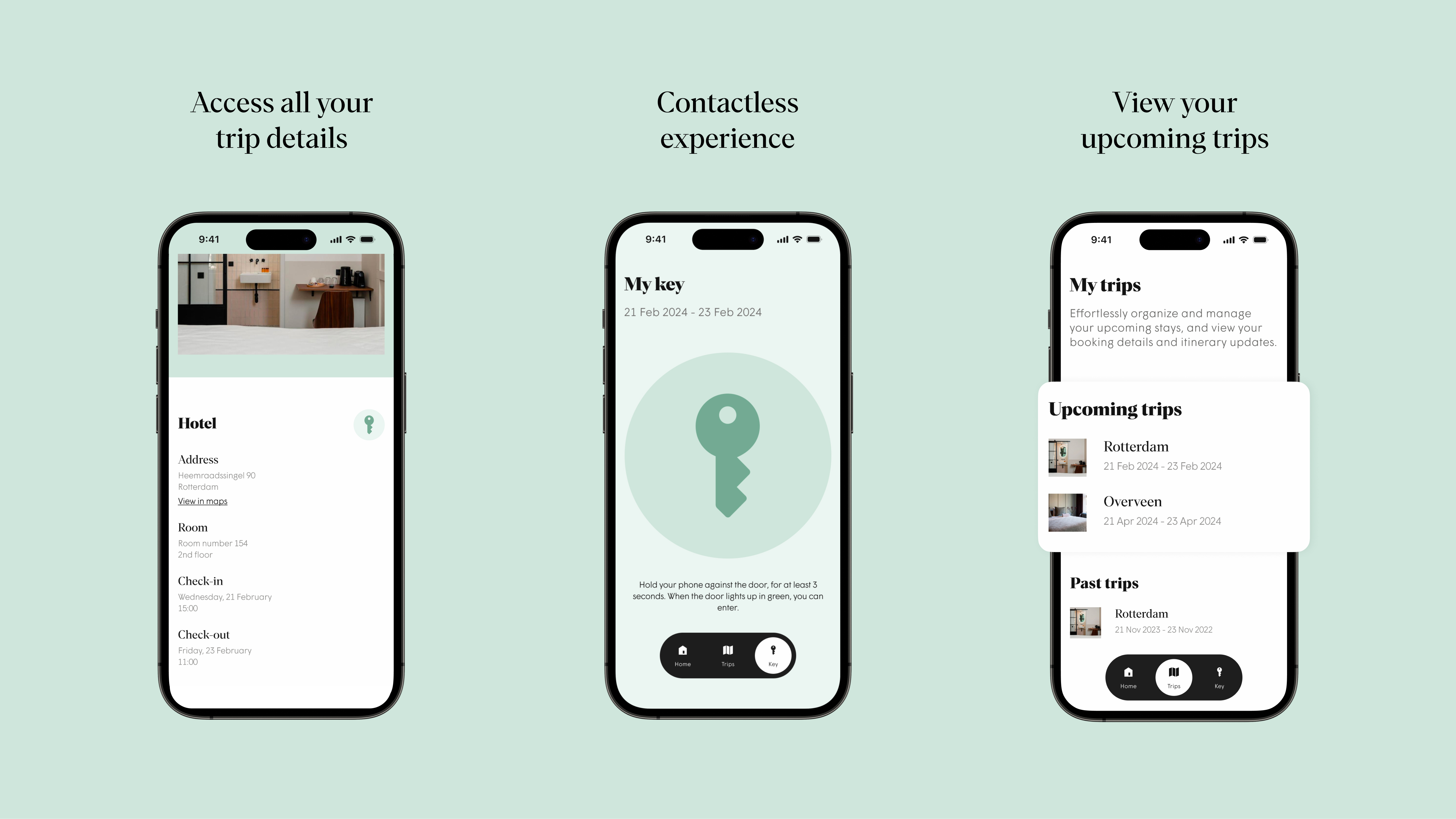 Three screenshots of the self-service hotel app: One displaying booking details, another showing the digital key, and a third presenting an overview of 