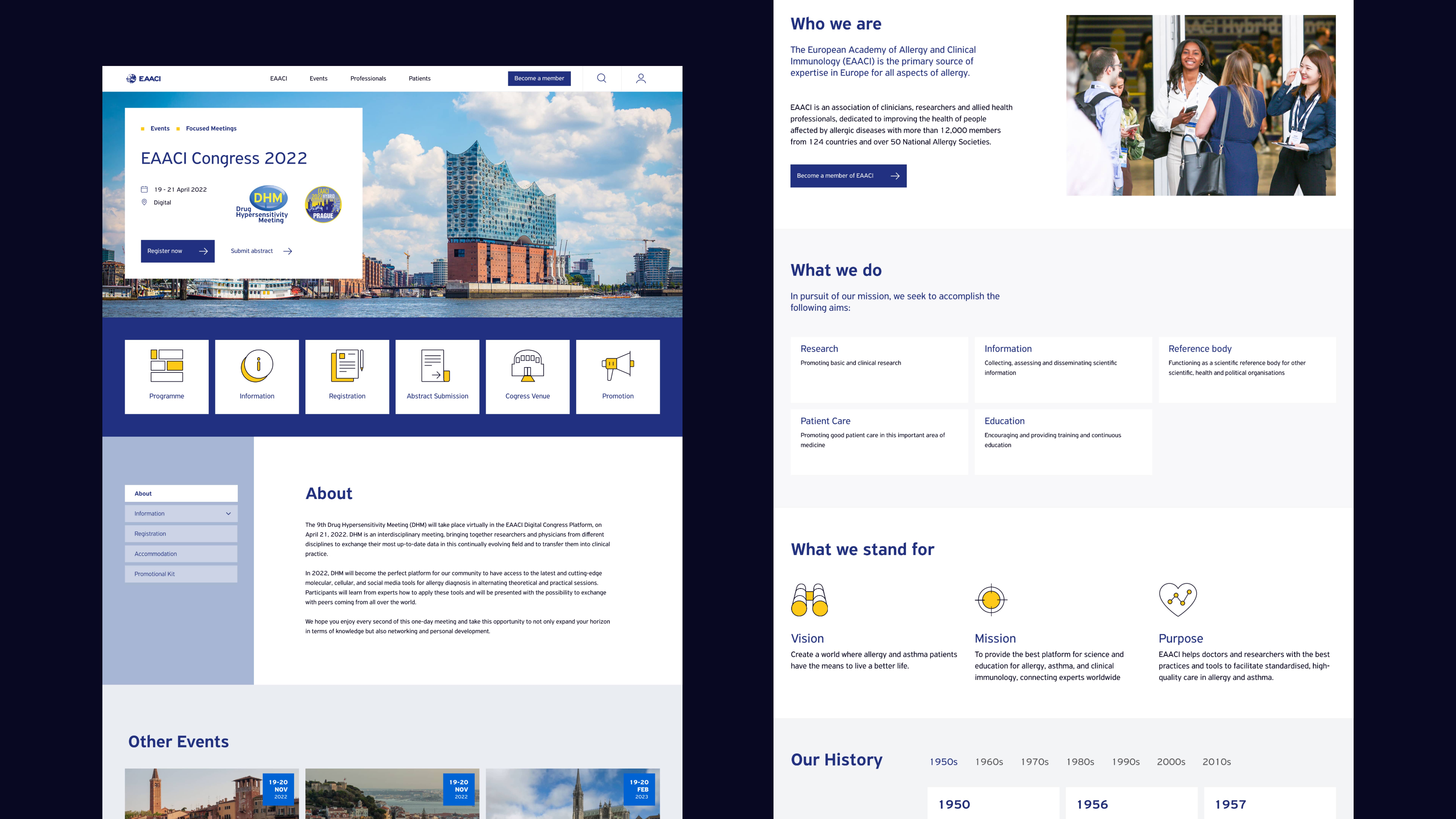 The image shows two screenshots of the EAACI website. One showing the event page of the EAACI Congress and one showing the about page.